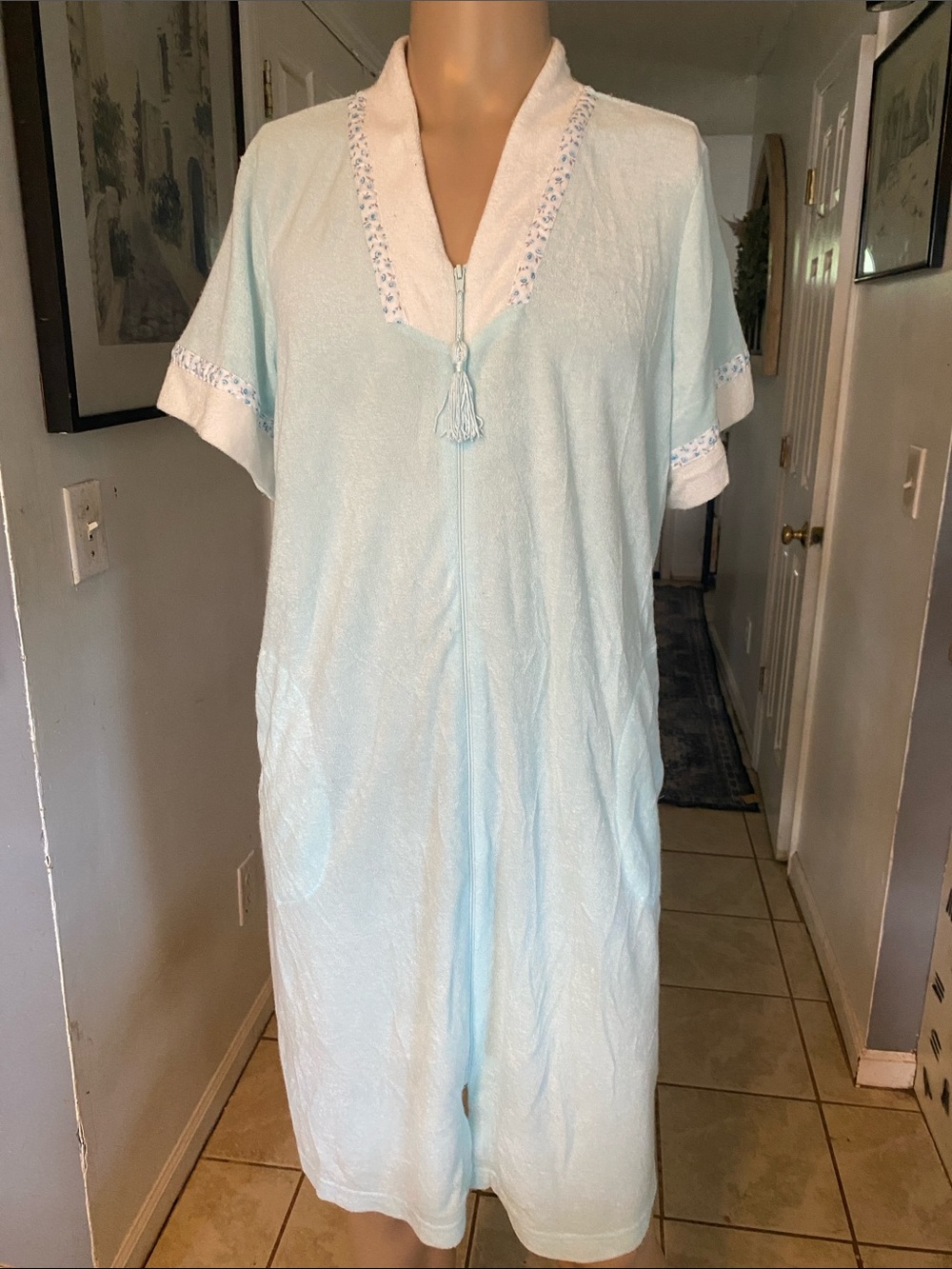 Miss Elaine Light  Terry Zip-Front Nightgown with Tassel